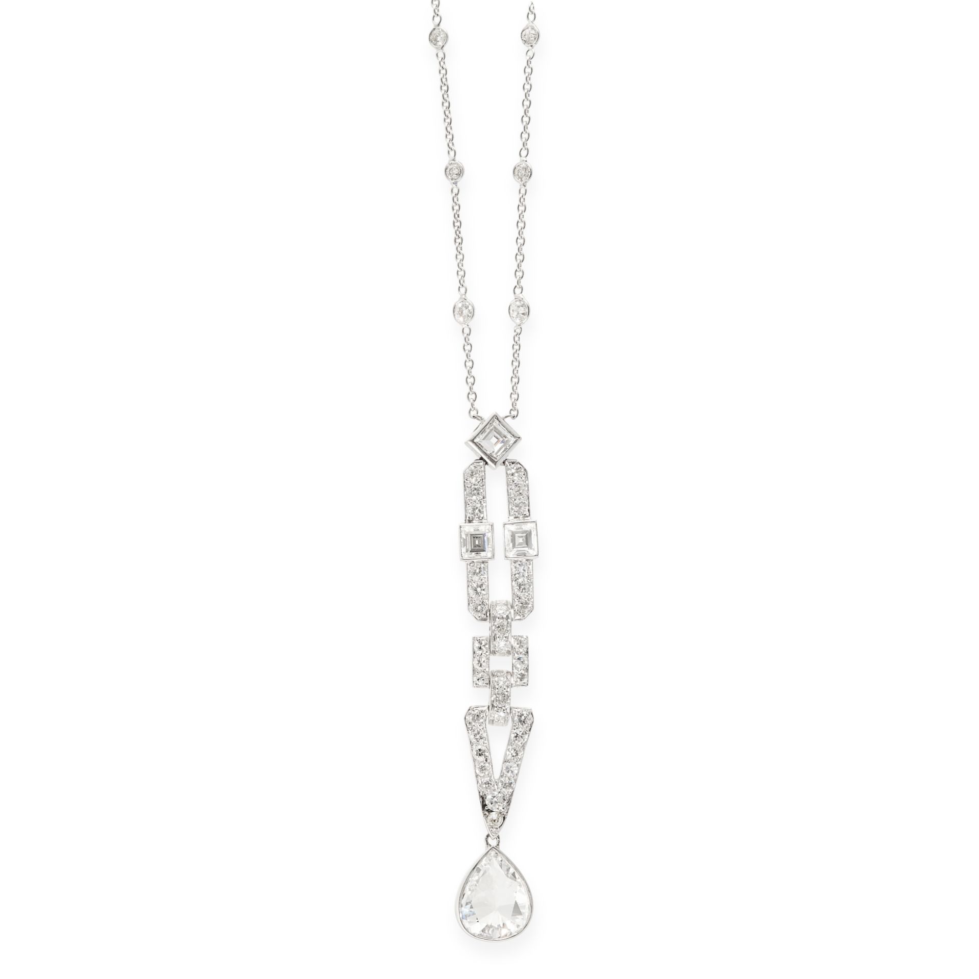 A DIAMOND PENDANT NECKLACE in 18ct white gold, comprising of a chain set with round cut diamonds,