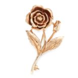 A ROSE BROOCH in 9ct yellow gold, designed as a rose with a bud and leaves, stamped 375, 4.5cm, 7.