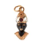 AN ANTIQUE BLACKAMOOR PENDANT in yellow gold, designed as a bust, comprising of a black hardstone,