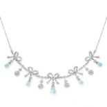 A VINTAGE AQUAMARINE AND DIAMOND NECKLACE comprising a row of five graduated ribbon and bow motifs