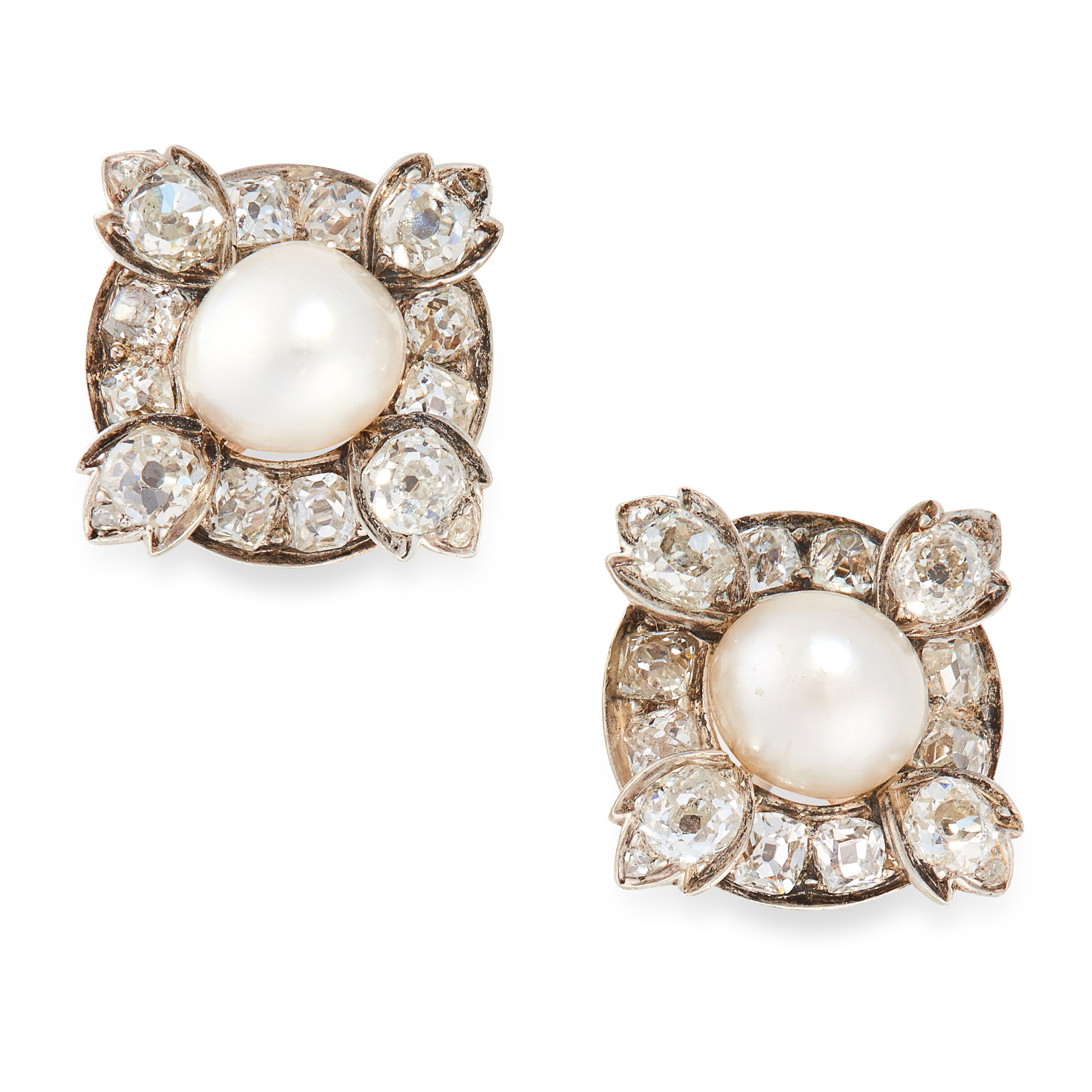 A PAIR OF ANTIQUE NATURAL SALTWATER PEARL AND DIAMOND EARRINGS each set with a natural saltwater