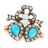 A TURQUOISE, DIAMOND AND PEARL SWEETHEART RING in yellow gold and silver, designed as two