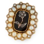 AN ANTIQUE DIAMOND, PEARL, ENAMEL AND HAIRWORK MOURNING LOCKET RING in yellow gold, comprising of