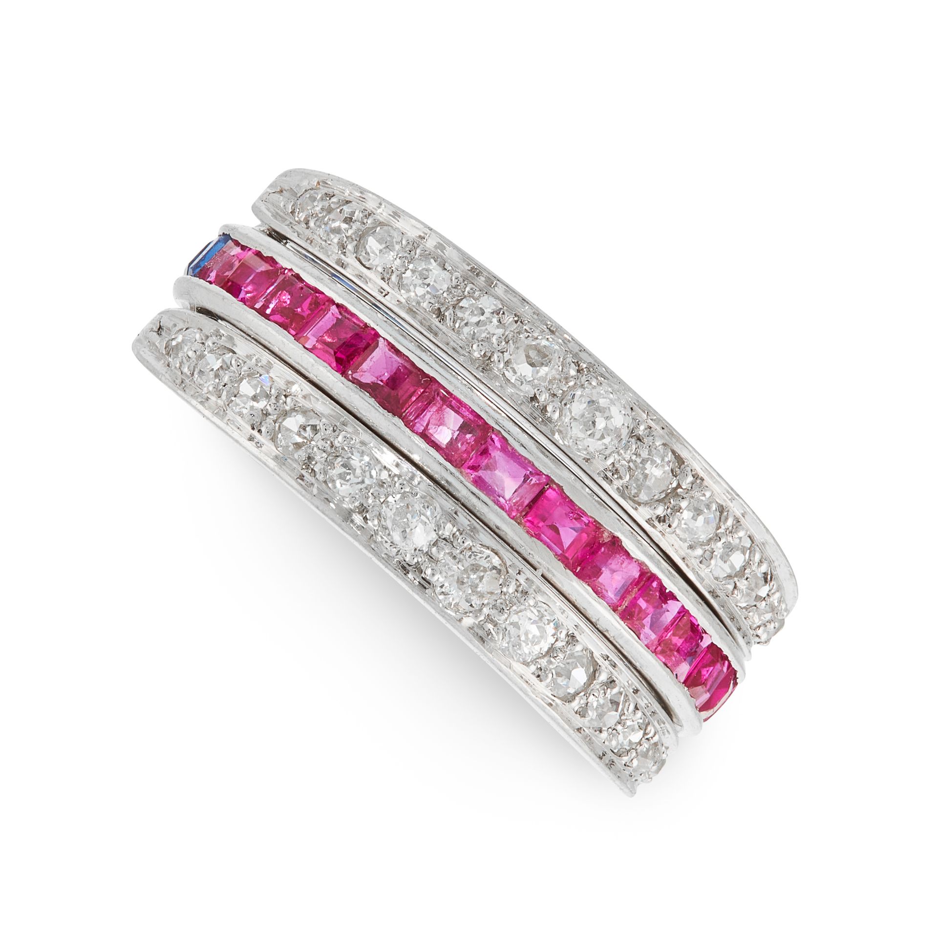 A SAPPHIRE, RUBY AND DIAMOND REVERSIBLE RING the central band half set each with rubies and