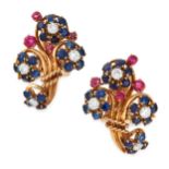 A PAIR OF DIAMOND, RUBY AND SAPPHIRE CLIP EARRINGS, BOUCHERON in 18ct yellow gold, designed as