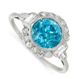 AN ART DECO BLUE ZIRCON AND DIAMOND CLUSTER RING set with a round cut blue zircon in a cluster of