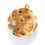 AN ANTIQUE SAPPHIRE AND DIAMOND POMANDER PENDANT in high carat yellow gold, the spherical body is