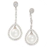 A PAIR OF PEARL AND DIAMOND DROP EARRINGS in 18ct white gold, comprising of a cluster of rose and
