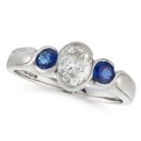 A SAPPHIRE AND DIAMOND RING in 18ct white gold, set with a central oval cut diamond of 0.72 carats