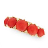 A FIVE STONE CORAL AND DIAMOND RING in 18ct yellow gold, set with five cabochon coral accented