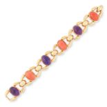 A VINTAGE CORAL AND AMETHYST BRACELET, CARTIER in 18ct yellow gold, set with alternating coral and