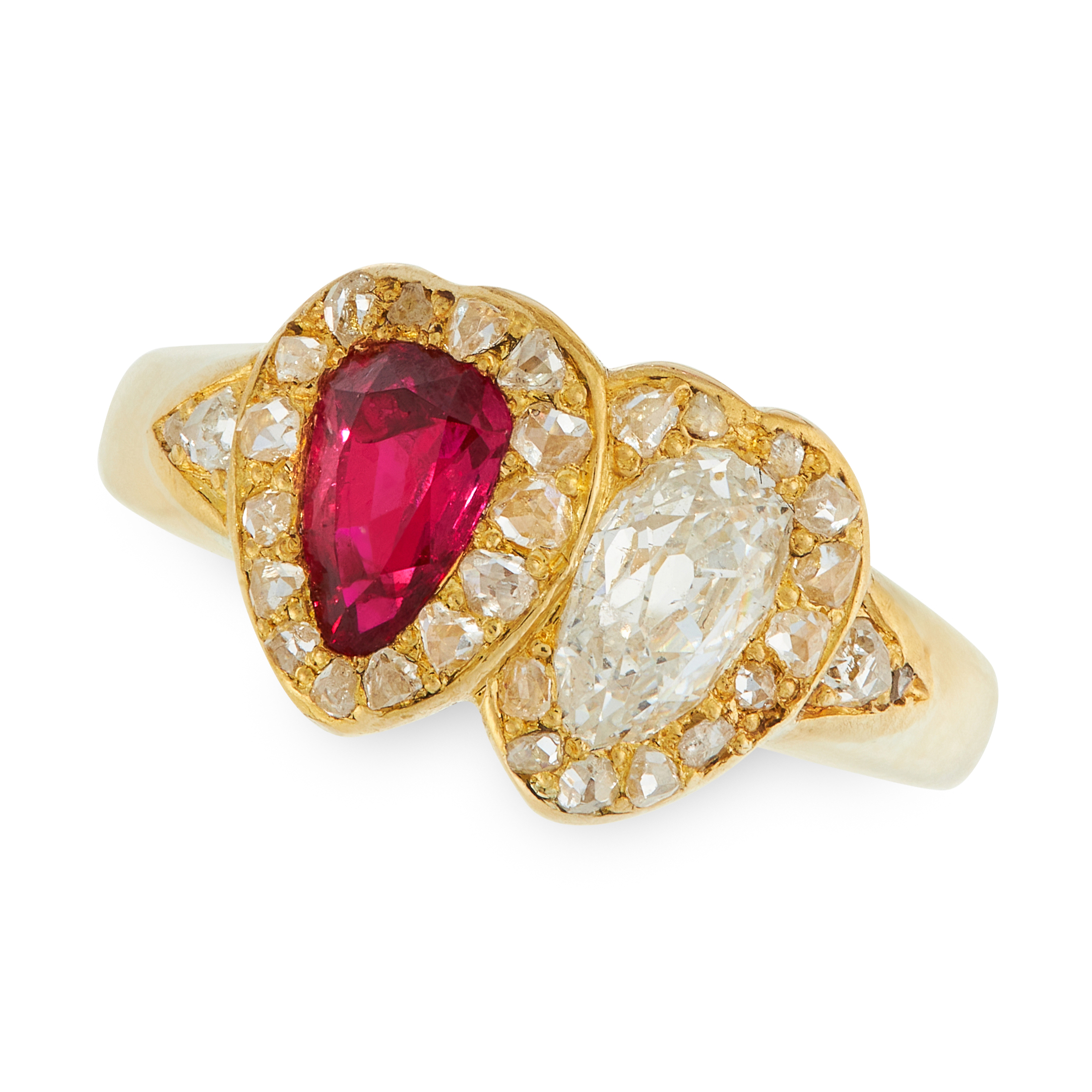 A RUBY AND DIAMOND SWEETHEART RING in 18ct yellow gold, designed as two interlocking hearts, each