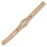 A VINTAGE DIAMOND AND EMERALD BRACELET in 14ct yellow gold, set with a central marquise cut