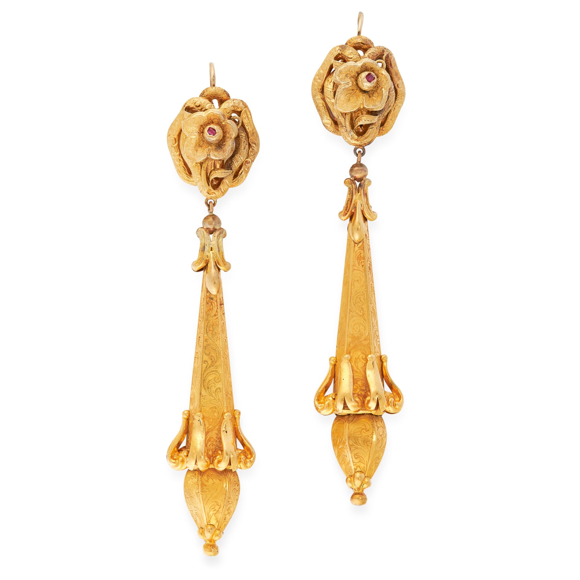 A PAIR OF ANTIQUE RUBY DROP EARRINGS, 19TH CENTURY in yellow gold, comprising of a foliate drop