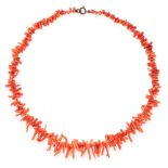 A MIXED LOT GOLD AND CORAL JEWELLERY comprising of a spiky coral necklace, a shepherd's crook