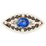 AN ANTIQUE SAPPHIRE, PEARL, DIAMOND AND ENAMEL BROOCH, CIRCA 1900 in yellow gold and silver, set