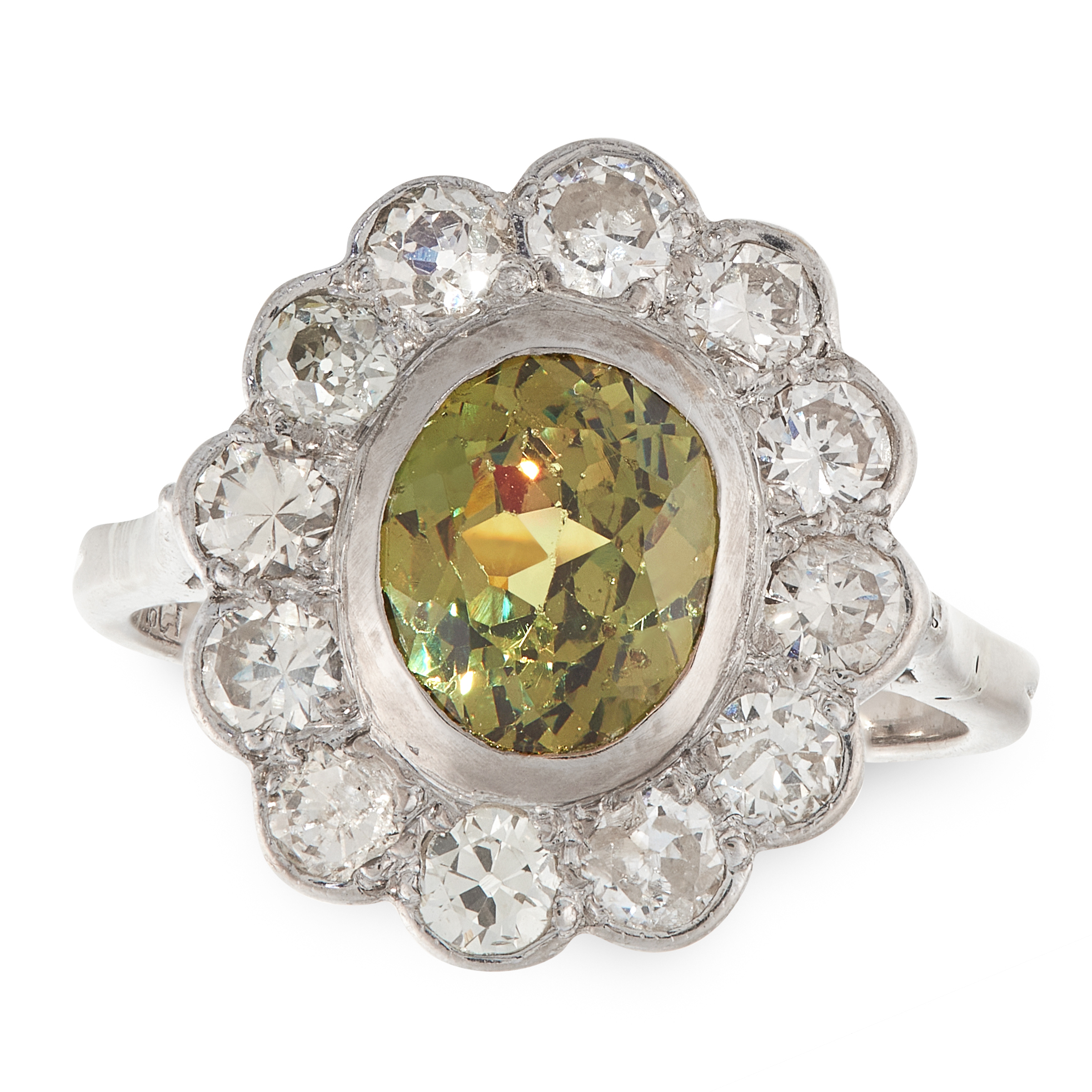 A DEMANTOID GARNET AND DIAMOND CLUSTER RING in 18ct yellow gold, set with an oval cut demantoid
