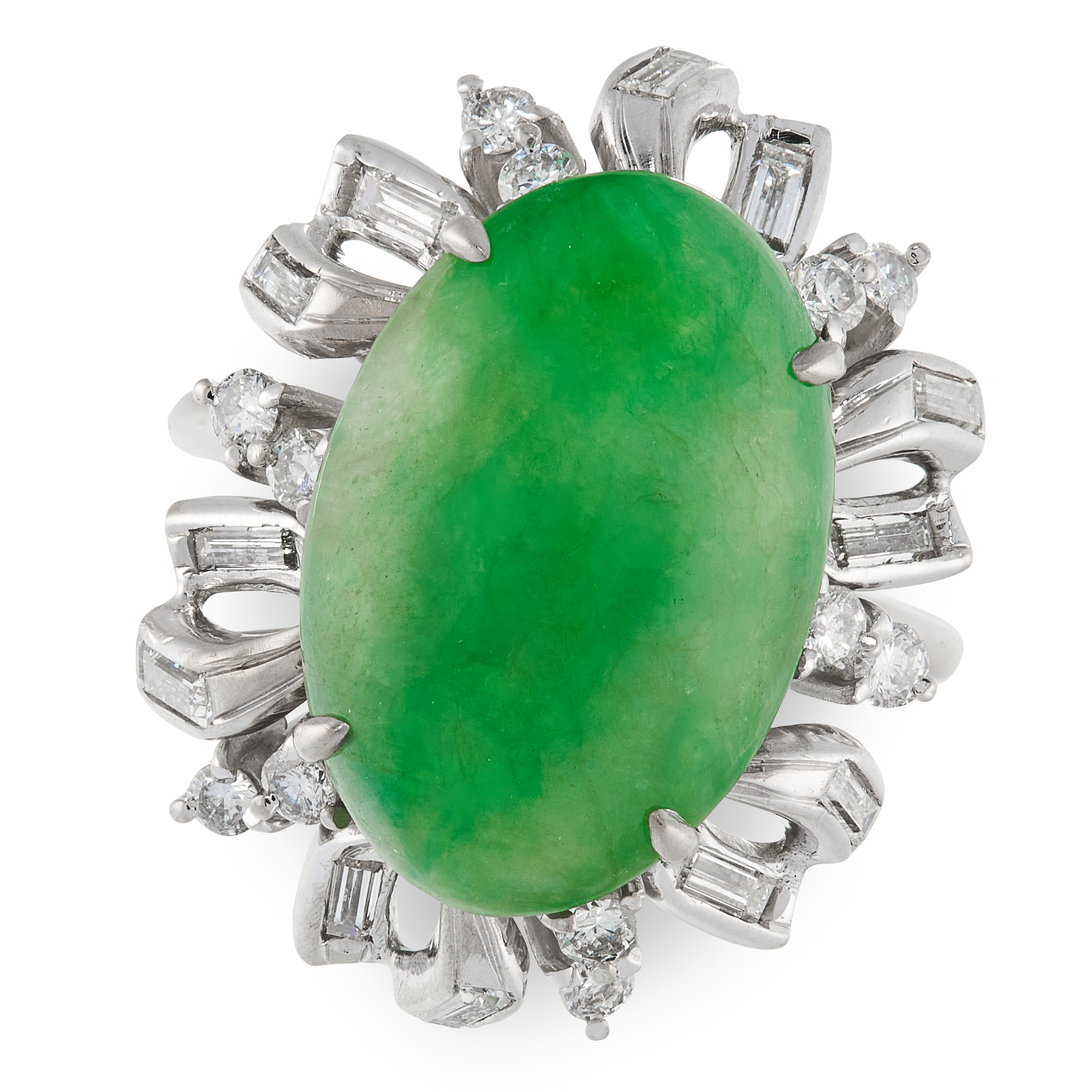 A JADEITE JADE AND DIAMOND RING CLUSTER RING comprising of an oval jadeite cabochon, in an