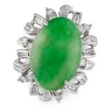 A JADEITE JADE AND DIAMOND RING CLUSTER RING comprising of an oval jadeite cabochon, in an