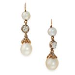 A PAIR OF ANTIQUE NATURAL PEARL AND DIAMOND EARRINGS in yellow gold and silver, each set with a