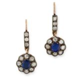 A PAIR OF BURMA NO HEAT SAPPHIRE AND DIAMOND EARRINGS, CIRCA 1900 in yellow gold and silver, each