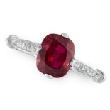 AN UNHEATED RUBY AND DIAMOND RING set with a cushion cut ruby of 1.61 carats with round cut diamonds