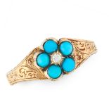AN ANTIQUE TURQUOISE AND DIAMOND FORGET ME NOT RING in yellow gold, the decorated gold shank is