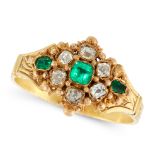 AN ANTIQUE EMERALD AND DIAMOND DRESS RING, 19TH CENTURY in yellow gold, set with a trio of graduated