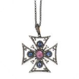 A GEMSET MALTESE CROSS PENDANT AND CHAIN set with a central oval cut spinel of 0.83 carats, in a