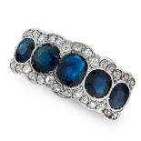A SAPPHIRE AND DIAMOND RING in platinum, comprising of a row of five alternating round and oval
