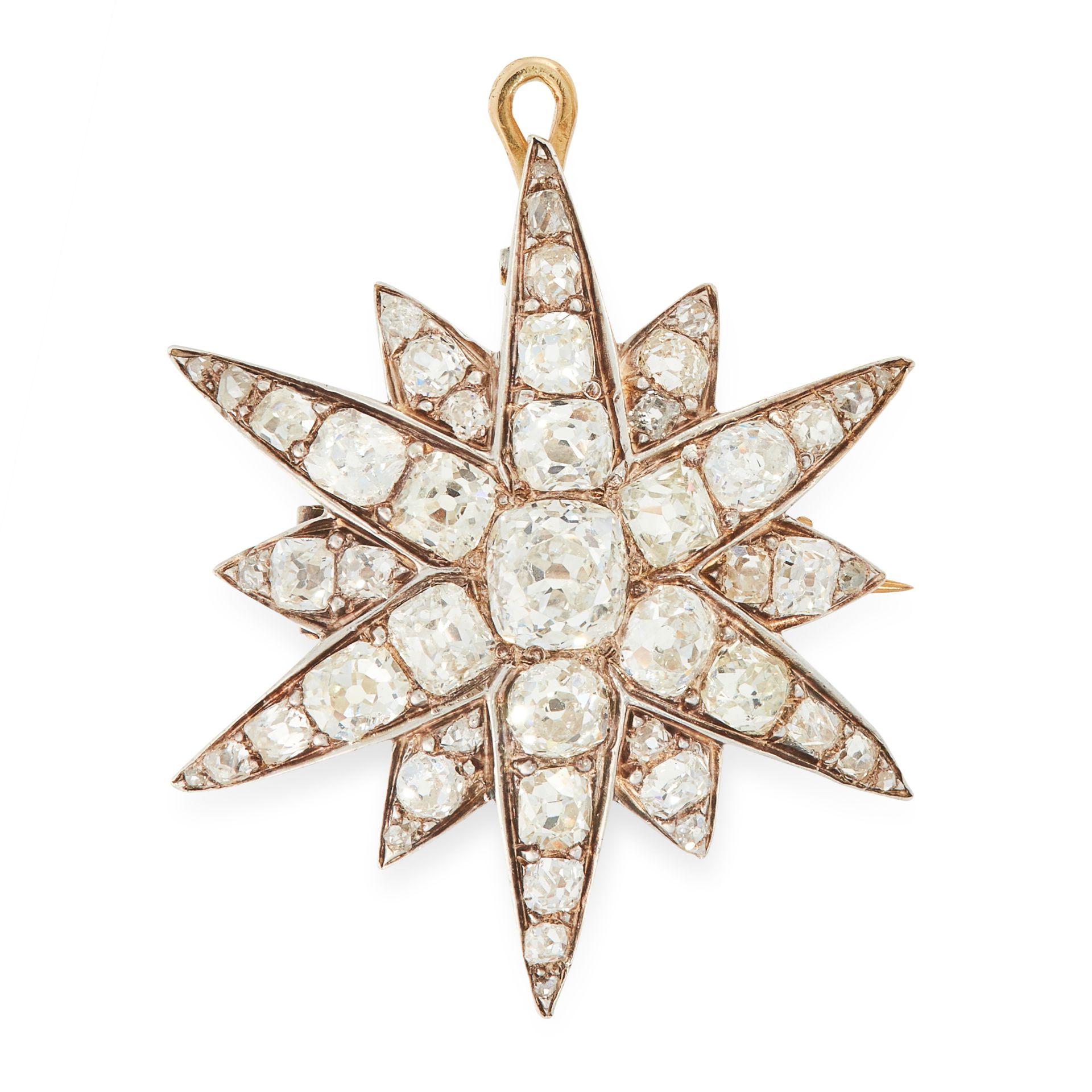 AN ANTIQUE DIAMOND STAR PENDANT / BROOCH, 19TH CENTURY in yellow gold and silver, designed as a