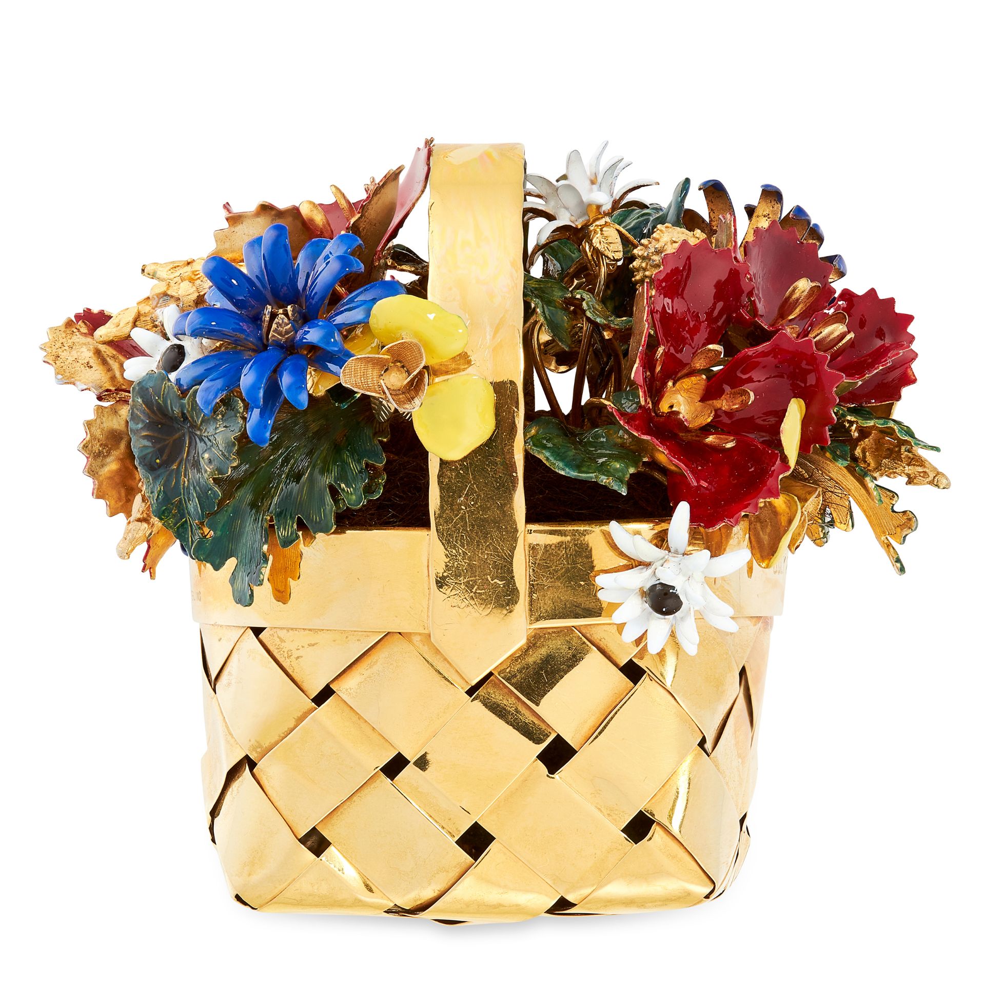 AN ENAMEL GILT FLOWER BASKET, CARTIER 1971 in sterling silver, the gilt woven basket with an array