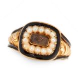 AN ANTIQUE ENAMEL, PEARL HAIRWORK MOURNING RING, 1831 in 18ct yellow gold, set with a panel of