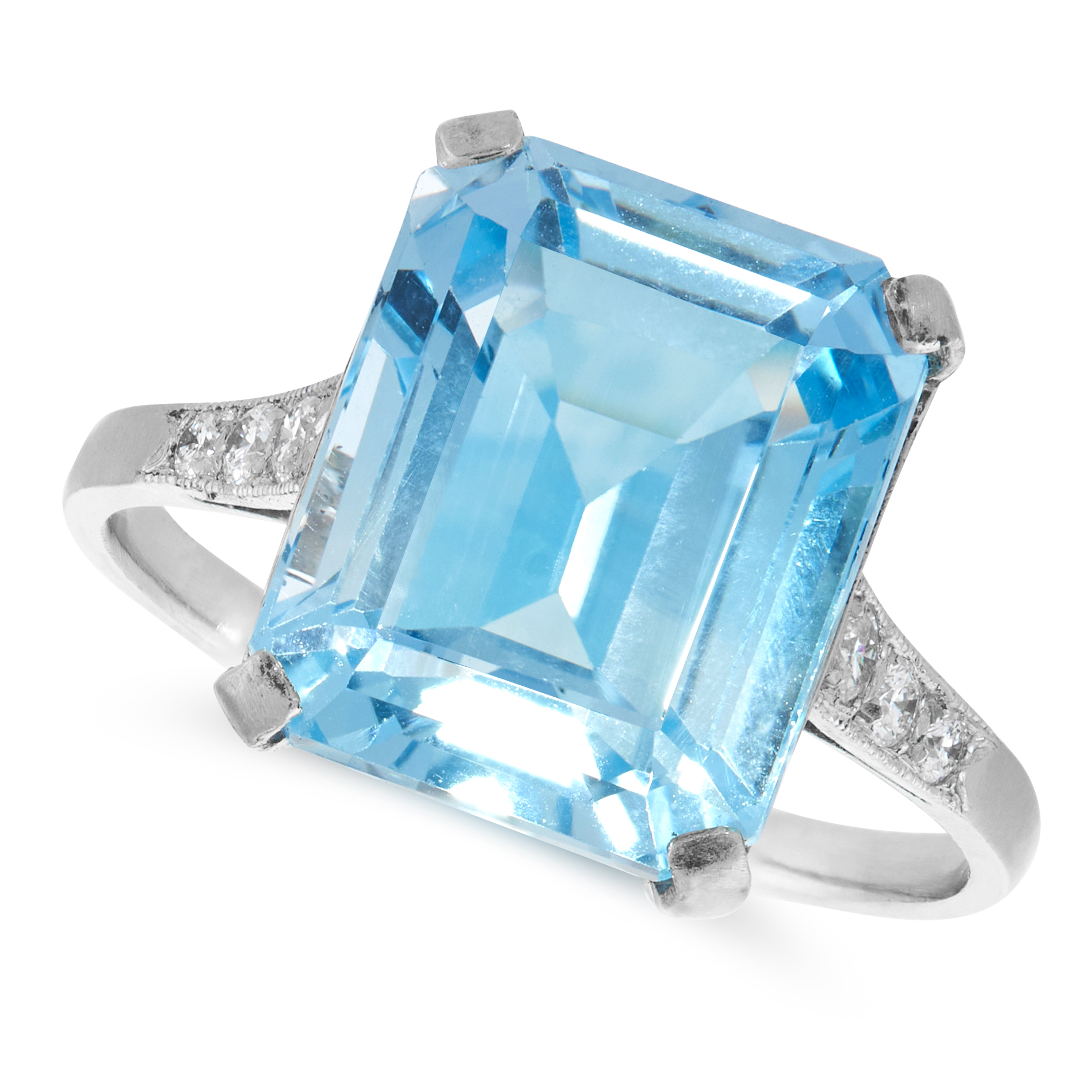 AN AQUAMARINE AND DIAMOND RING set with an emerald cut aquamarine of 8.08 carats, with round cut