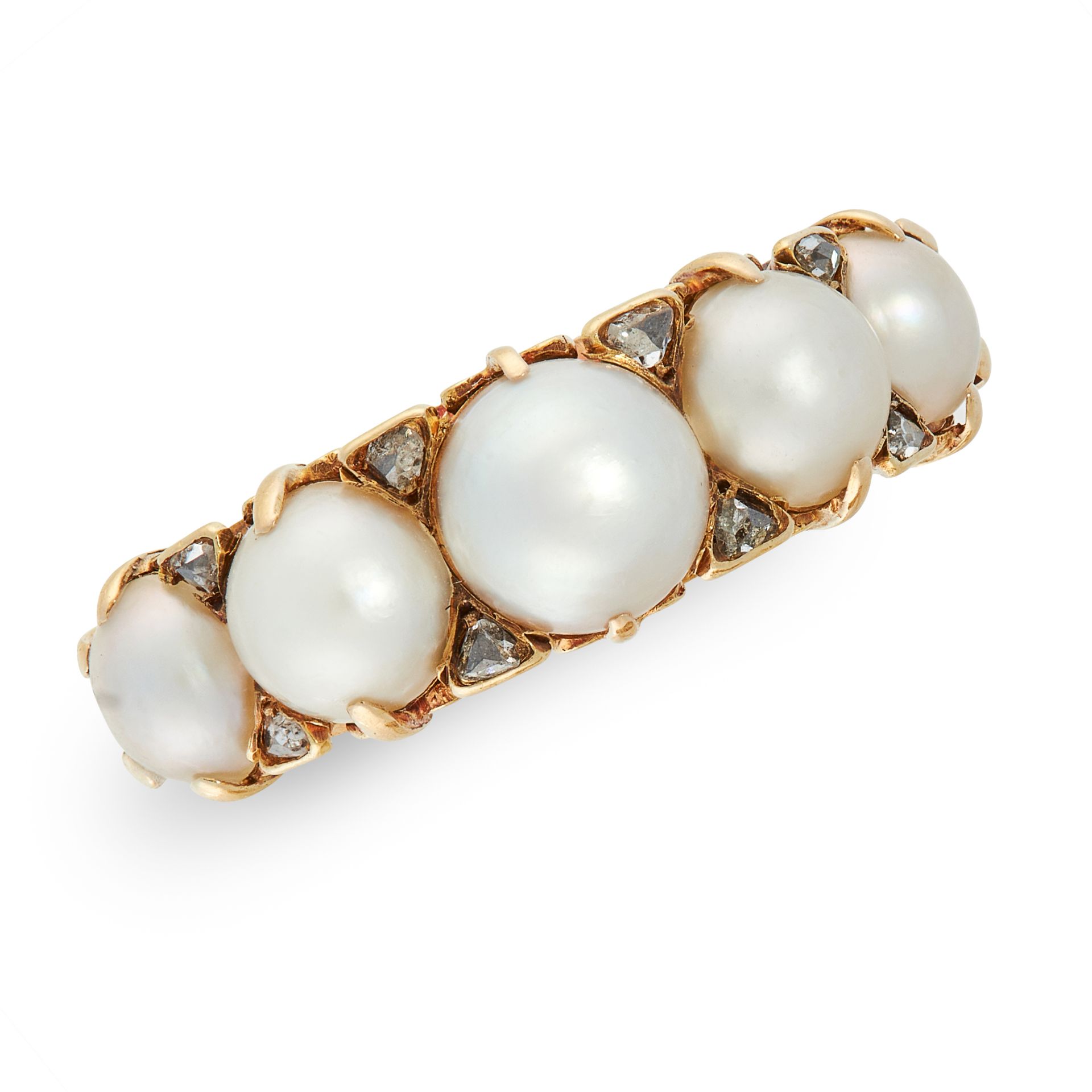 A PEARL AND DIAMOND FIVE STONE RING in yellow gold, set with five graduated pearls and diamond