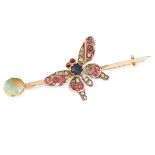 A DIAMOND, SAPPHIRE AND OPAL BUTTERFLY BAR BROOCH the body of the butterfly is set with a round