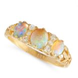 AN ANTIQUE OPAL AND DIAMOND DRESS RING in 18ct yellow gold, sett with a trio of graduated oval