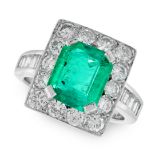 A COLOMBIAN EMERALD AND DIAMOND EARRINGS AND RING SUITE in 18ct white gold, comprising of a ring