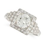 AN ART DECO DIAMOND RING, EARLY 20TH CENTURY in platinum, set with an old European cut diamond of