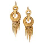 A PAIR OF ANTIQUE TASSEL EARRINGS, 19TH CENTURY in yellow gold, each designed as two graduated hoops