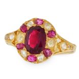 AN ANTIQUE GARNET, RUBY AND DIAMOND RING, 19TH CENTURY in yellow gold, set with an oval cut