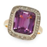 AN AMETHYST AND DIAMOND DRESS RING in 14ct yellow and white gold, set with a mixed step cut amethyst