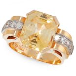 A YELLOW SAPPHIRE AND DIAMOND RING in 18ct yellow gold, in Retro design, set with an emerald cut