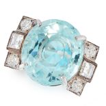 AN AQUAMARINE AND DIAMOND DRESS RING set with an oval cut aquamarine of 8.29 carats, the shoulders