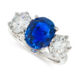 A BURMA NO HEAT SAPPHIRE AND DIAMOND RING in platinum, set with a central cushion cut blue