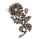 AN ANTIQUE DIAMOND, NATURAL SALTWATER PEARL AND BURMA NO HEAT RUBY SPRAY BROOCH in yellow gold and