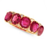 AN ANTIQUE BURMA NO HEAT RUBY AND DIAMOND FIVE STONE RING, 1907 in 18ct yellow gold, set with five