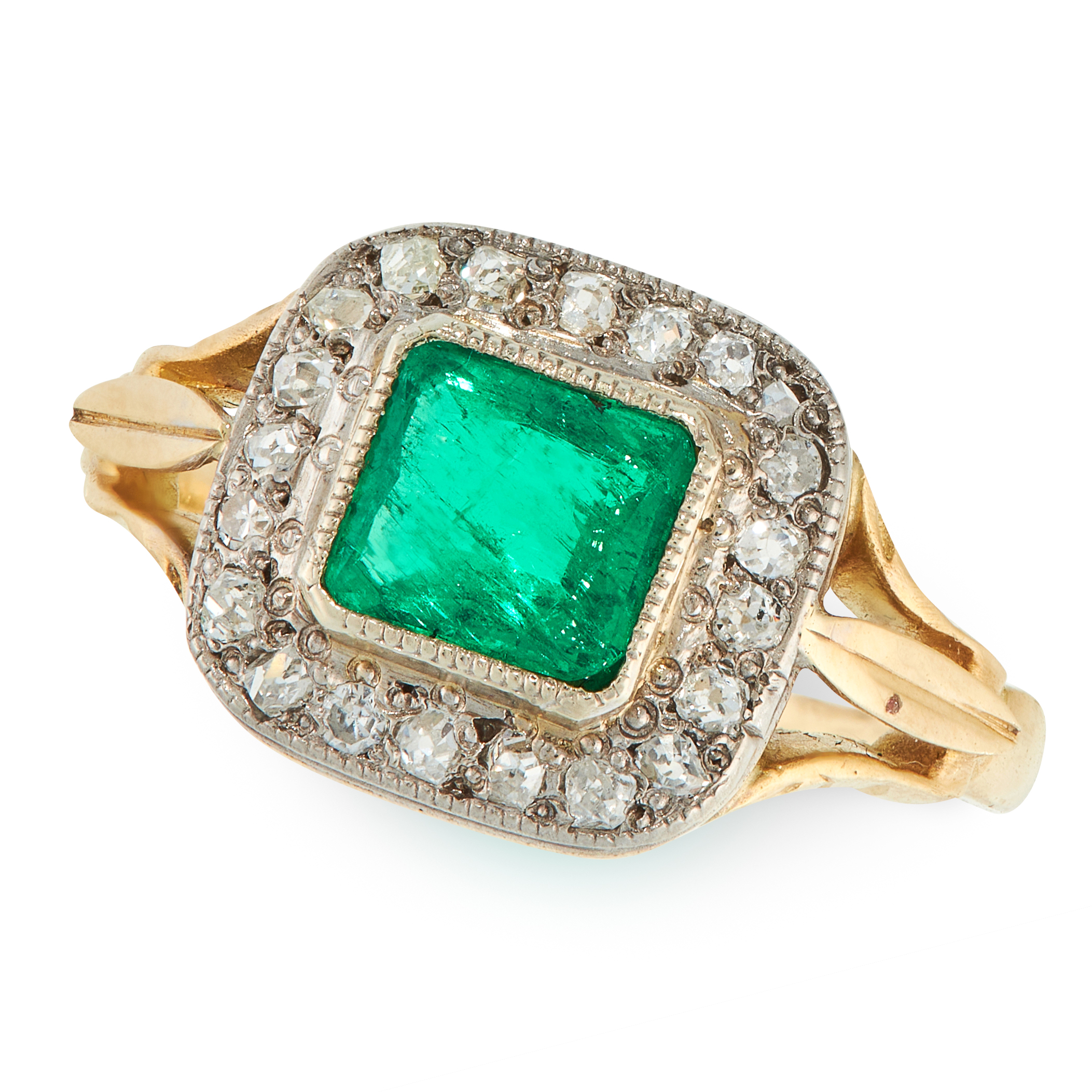 AN EMERALD AND DIAMOND CLUSTER RING in 18ct yellow gold, set with a step cut emerald of 0.80 carat