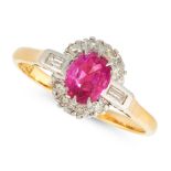 A BURMA NO HEAT PINK SAPPHIRE AND DIAMOND CLUSTER RING in 18ct yellow gold, set with an oval cut