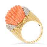 A VINTAGE CORAL AND DIAMOND RING in 18ct yellow gold, of bombe design, set with a central piece of